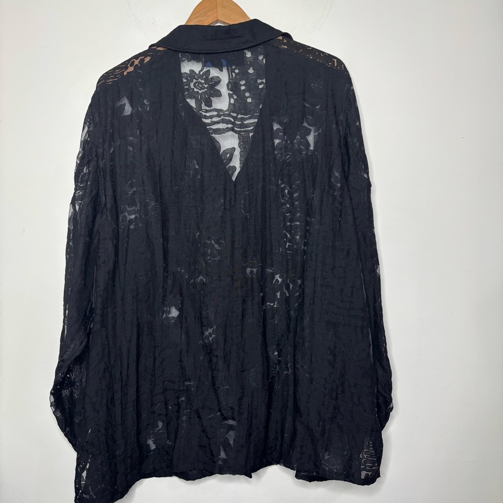 Susan Graver Lace Mesh Button-Front Top Black Size 2X Long Sleeve V-Neck Collar - Picture 10 of 13